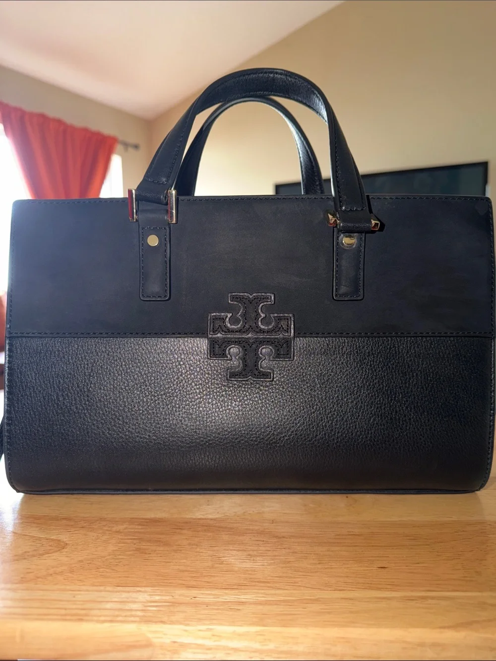 Tory Burch Black Leather Satchel with Logo Emblem